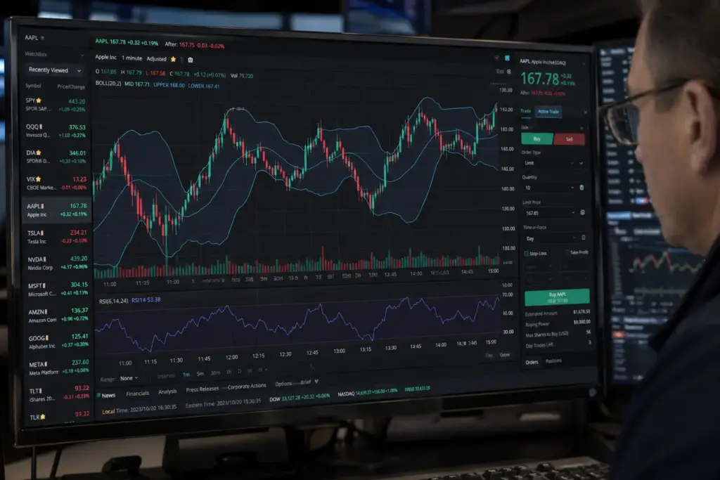 Ultra-realistic trading monitor displaying RSI indicator, Bollinger Bands, and candlestick charts on a dark trading terminal with green and red price bars, viewed in a professional multi-screen financial trading environment.
