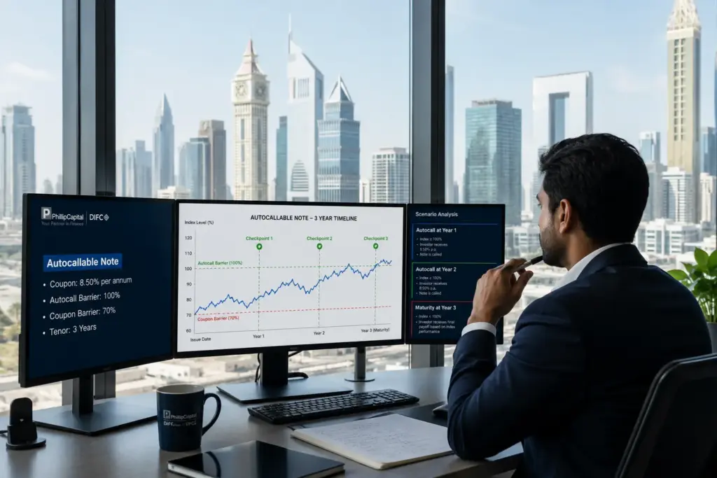 Financial analyst reviewing an autocallable note timeline and index checkpoints in a modern DIFC office in Dubai.