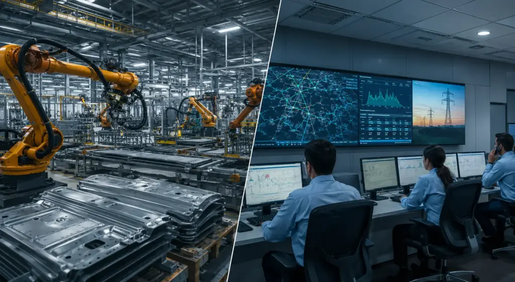 Photorealistic split-screen comparison of an automotive manufacturing factory with robotic assembly lines and a modern utility control room monitoring energy grid operations, representing cyclical and defensive industries for financial sector analysis.