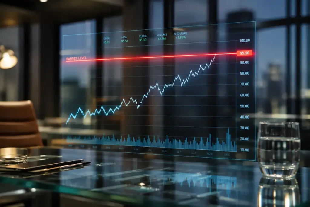 Barrier levels and payoff impact in structured products shown with a rising financial chart approaching a barrier level