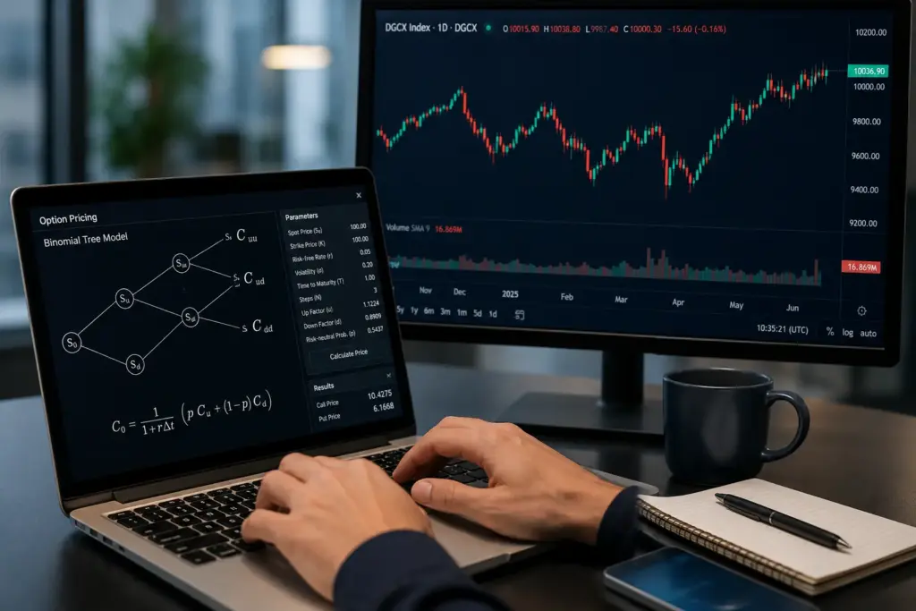 Photorealistic close-up of a financial analyst typing on a laptop with a binomial options pricing tree displayed on the screen and a live stock index chart on a desktop monitor in a modern trading office.