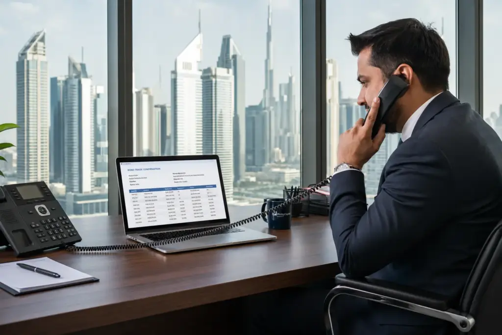 Financial broker reviewing bond trade confirmations in a modern Dubai office