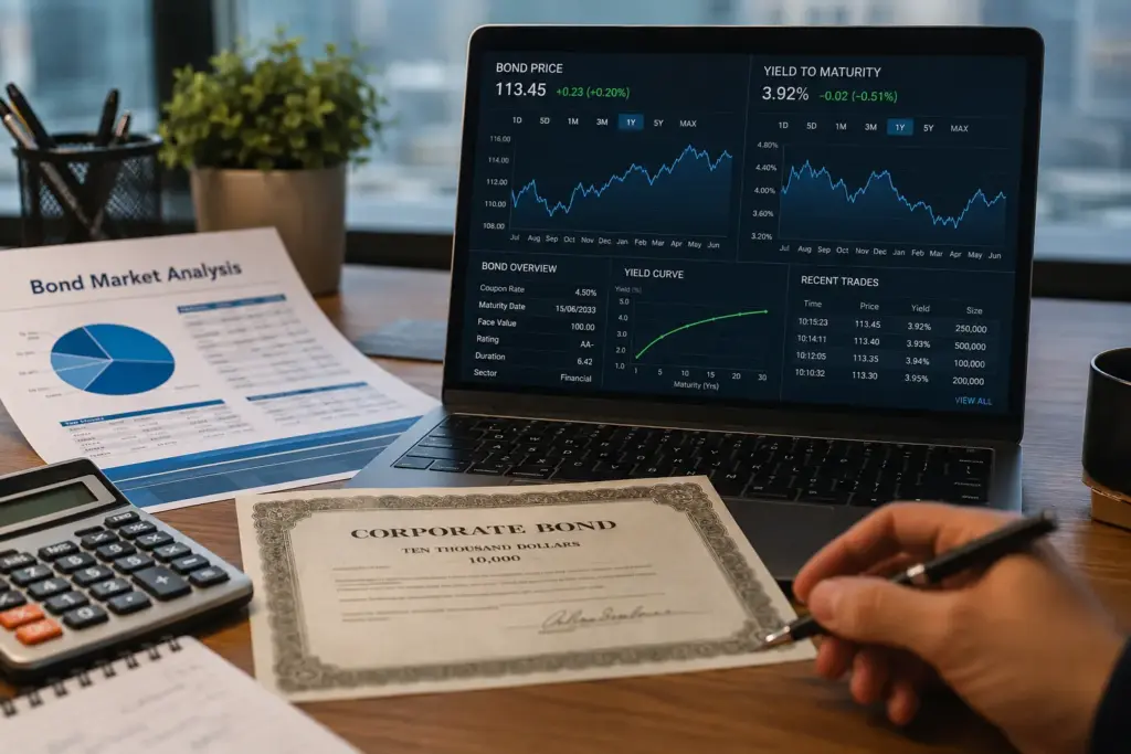 Financial analyst desk with laptop displaying bond price charts, yield curves and interest rate data.
