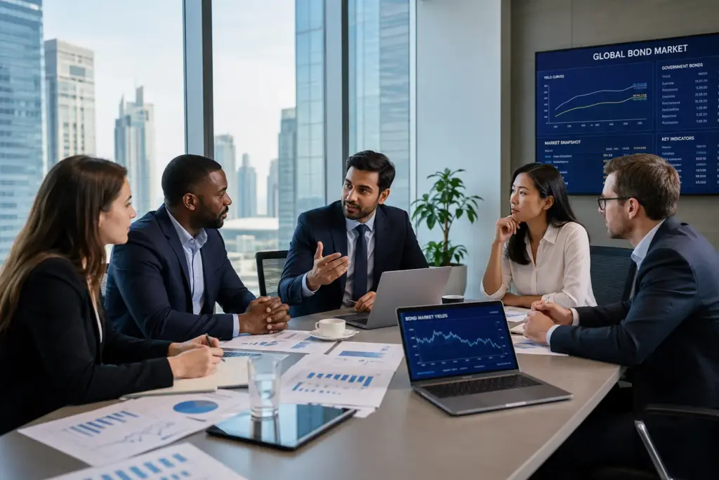 Finance professionals discussing bond market structure and participants in a modern meeting room.