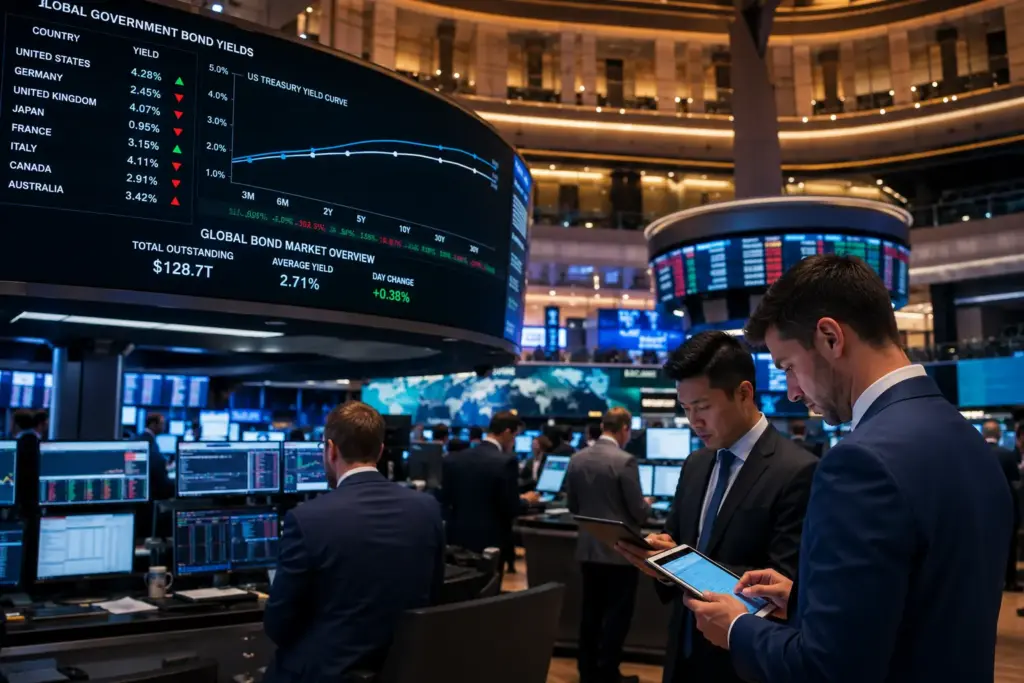 Modern financial trading floor displaying bond yields and government debt data