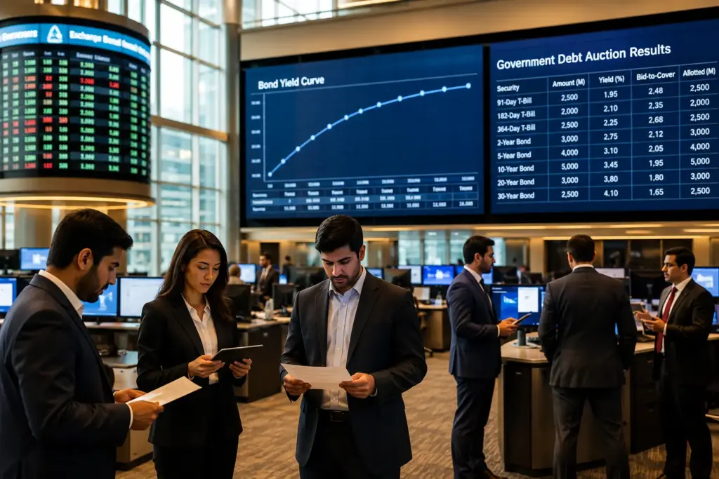 Modern financial trading floor displaying bond yield curves and government debt auction data.