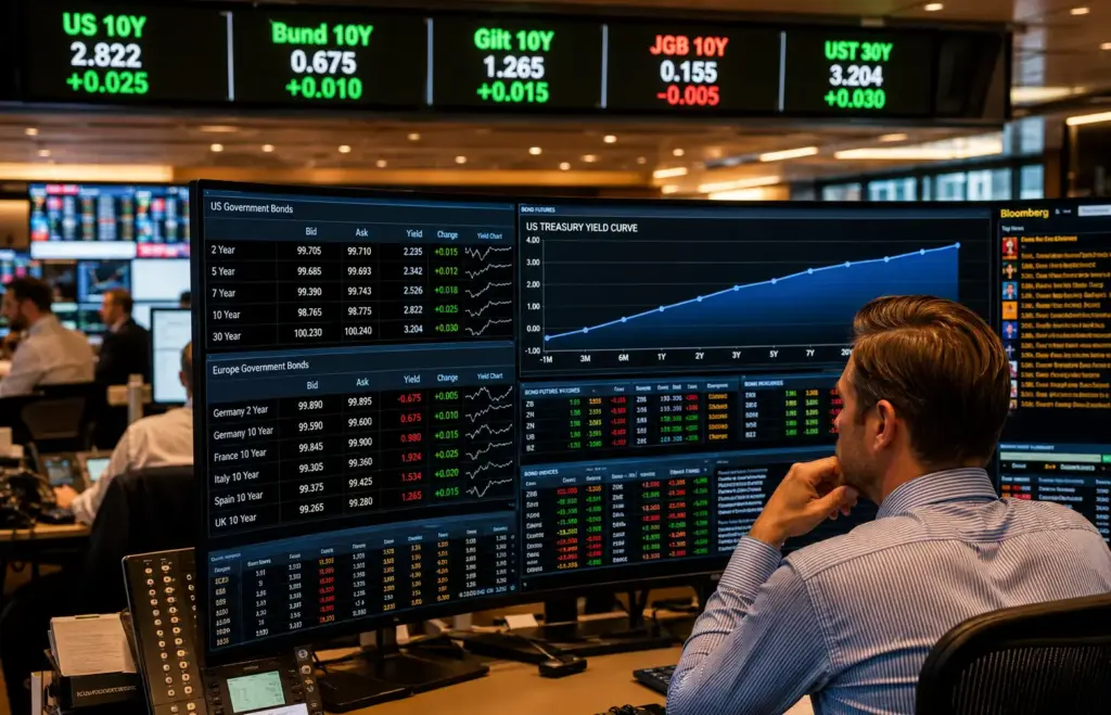 Bond trading mechanics with trader analyzing government bond yields and market prices
