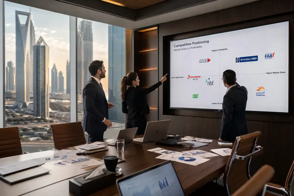 Competitive positioning analysis in a Dubai corporate boardroom with financial analysts reviewing a market share and profitability matrix during an industry sector analysis meeting.
