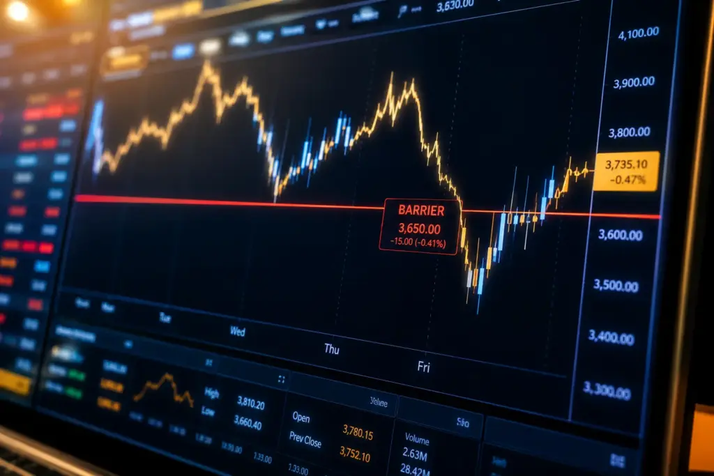 Continuous barrier observation on a trading chart showing a price line crossing a barrier threshold.