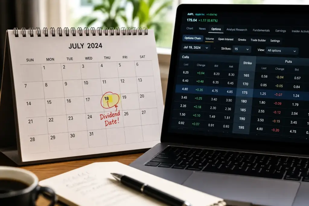 Close-up of a calendar highlighting a dividend date beside a laptop displaying a stock options chain, representing dividend planning and options trading strategy.