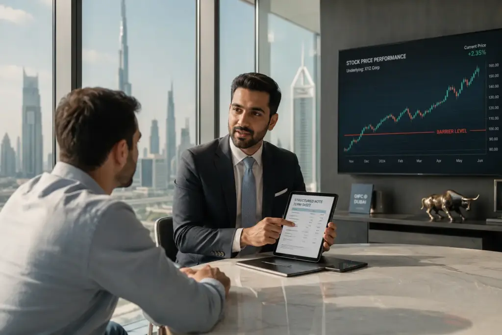 Professional financial advisor explaining a structured note investment on a tablet to a client inside a modern DIFC office in Dubai, with a stock market chart displaying a barrier level on a digital screen.
