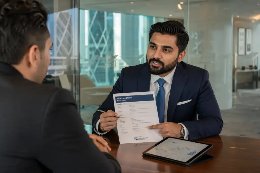 Professional financial advisor in a navy suit consulting with a client about structured notes in a modern Dubai International Financial Centre office, with financial charts on a tablet and printed investment documents on a wooden table.