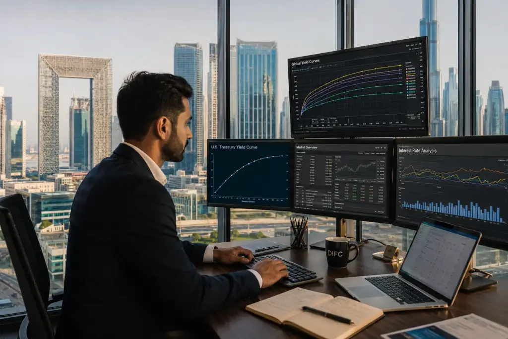 Financial analyst studying bond yield curves and interest rate charts in a modern Dubai office overlooking DIFC.