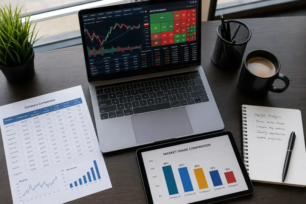 Modern financial analyst workspace featuring a laptop with stock charts and sector heatmap, printed company comparison report, tablet displaying market share bar charts, and coffee on a professional office desk.