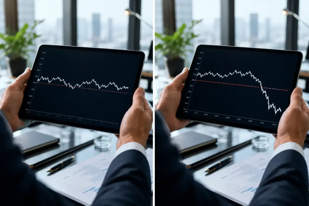 Professional investor viewing a financial chart showing a market price falling below a red barrier level.