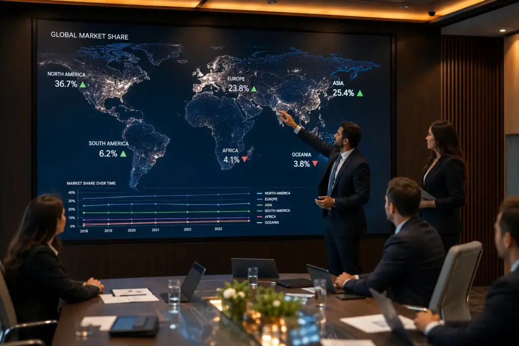 Business professionals analyzing a global market share world map on a large digital screen during a corporate boardroom meeting with financial data and regional market insights.