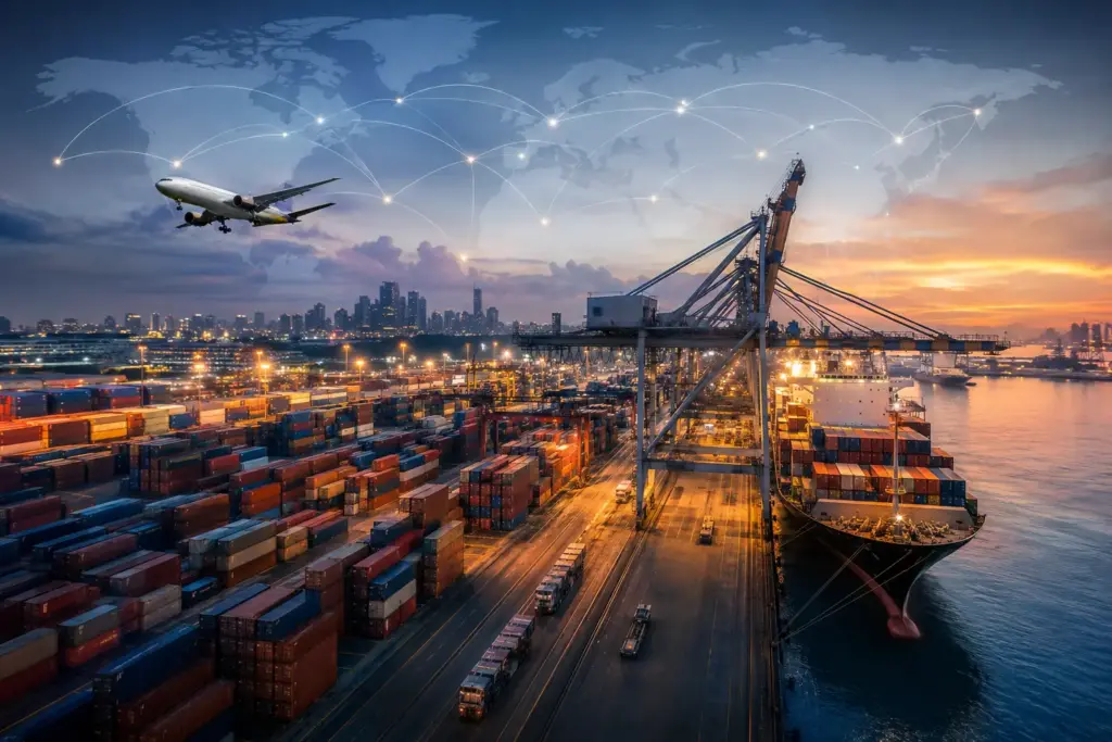 Global supply chain logistics network featuring a modern shipping port with container ships, cargo cranes, stacked containers, a cargo aircraft, and international trade routes connecting continents.