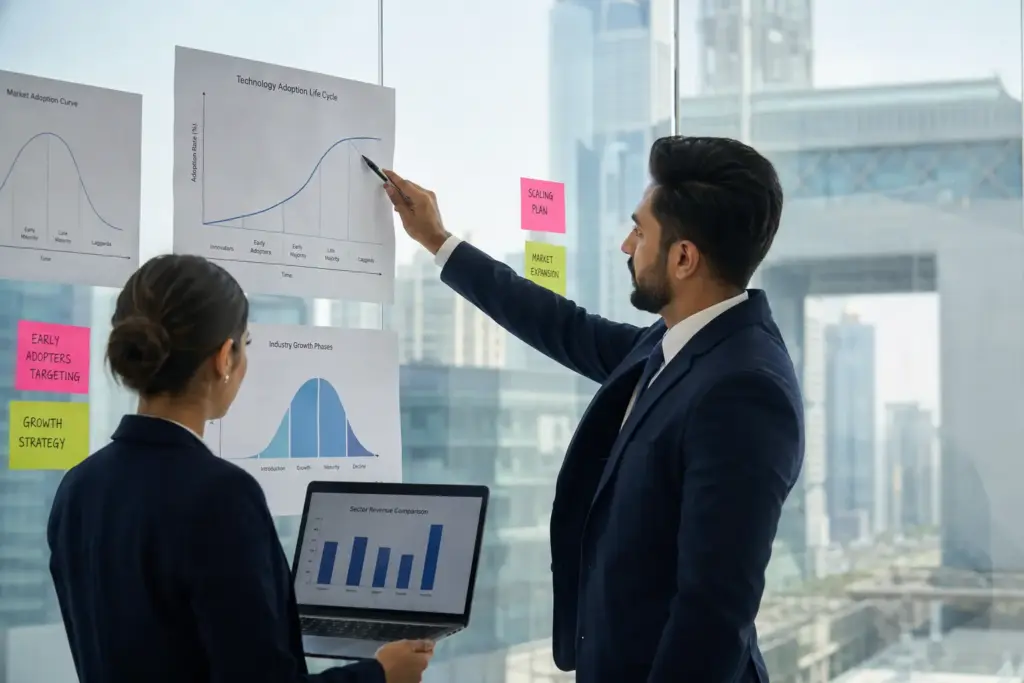 Two financial professionals analyzing industry adoption curve charts and sector revenue data in a modern DIFC boardroom with the Dubai skyline in the background.