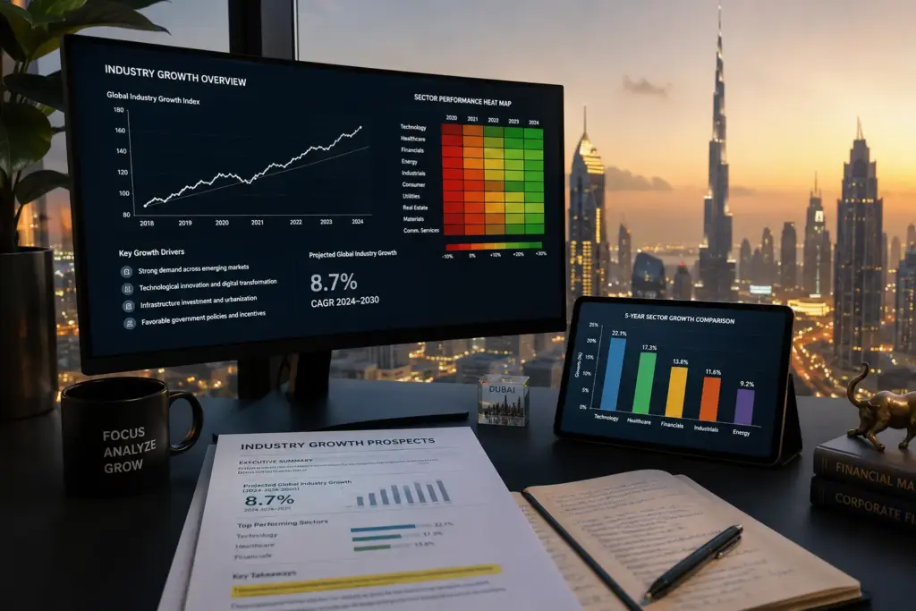 Professional financial analyst's desk in a modern Dubai office with industry growth charts, sector performance heat map, research reports, and the Dubai skyline at dusk.