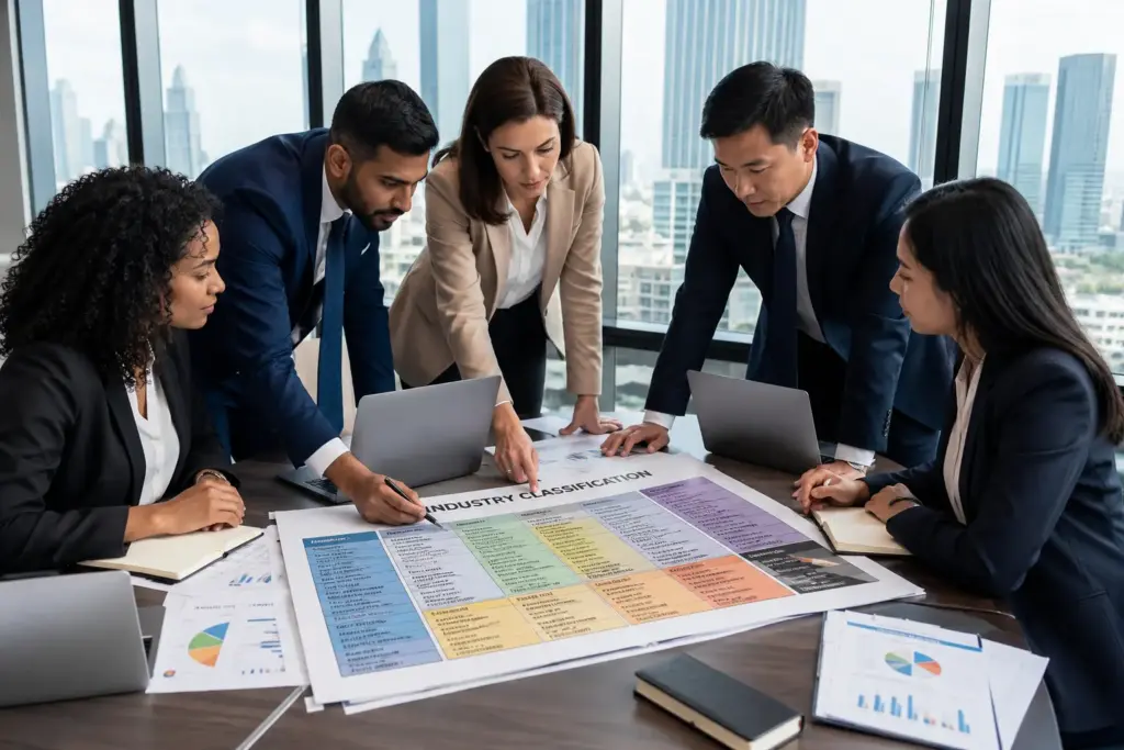 Diverse investment professionals reviewing an industry sector classification chart during a financial strategy meeting in a modern office with laptops and a city skyline in the background.
