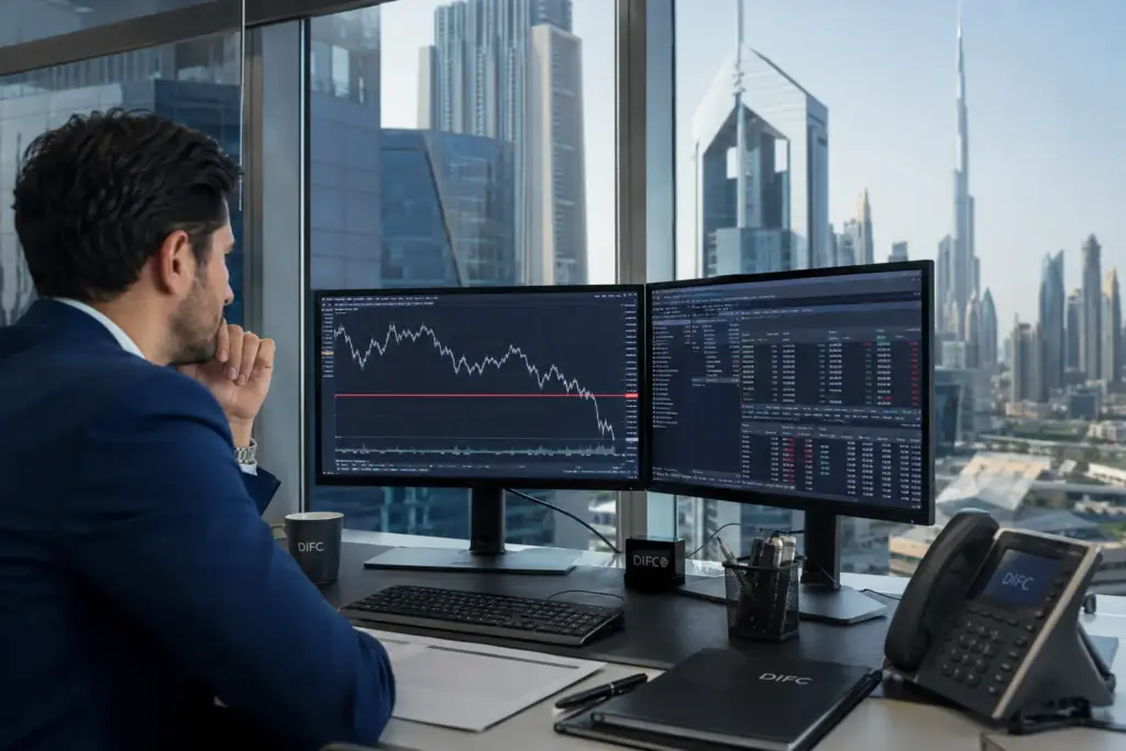 Photorealistic financial analyst desk in a Dubai DIFC office with dual monitors showing a stock price chart breaking below a red knock-in barrier level against the Dubai skyline.