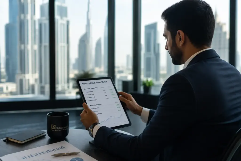 Financial analyst reviewing money market and Treasury bill data in a Dubai office