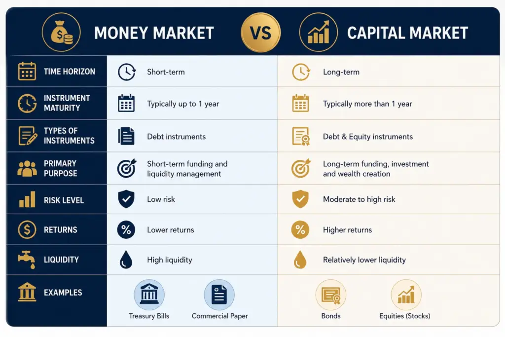 Infographic comparing money market and capital market instruments and characteristics