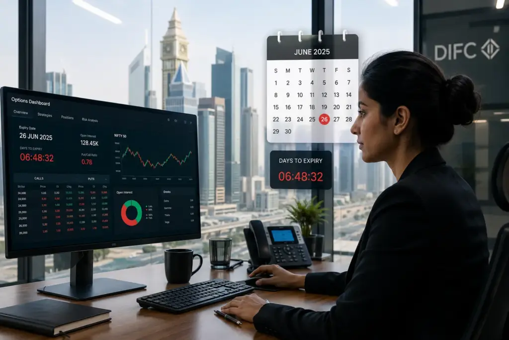 Confident financial analyst reviewing an options trading dashboard with an expiration date countdown timer in a modern Dubai office overlooking the DIFC skyline.