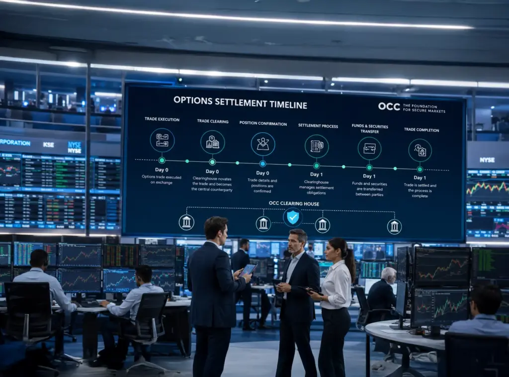 Ultra-realistic modern financial trading floor displaying an options settlement timeline, clearing house process, and professional traders analyzing options market data.
