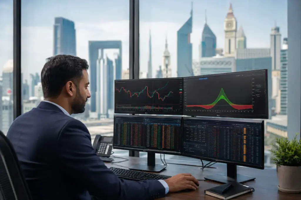 Professional trader analyzing options strike price charts and payoff diagram on multiple monitors in a modern Dubai financial office overlooking the DIFC skyline.