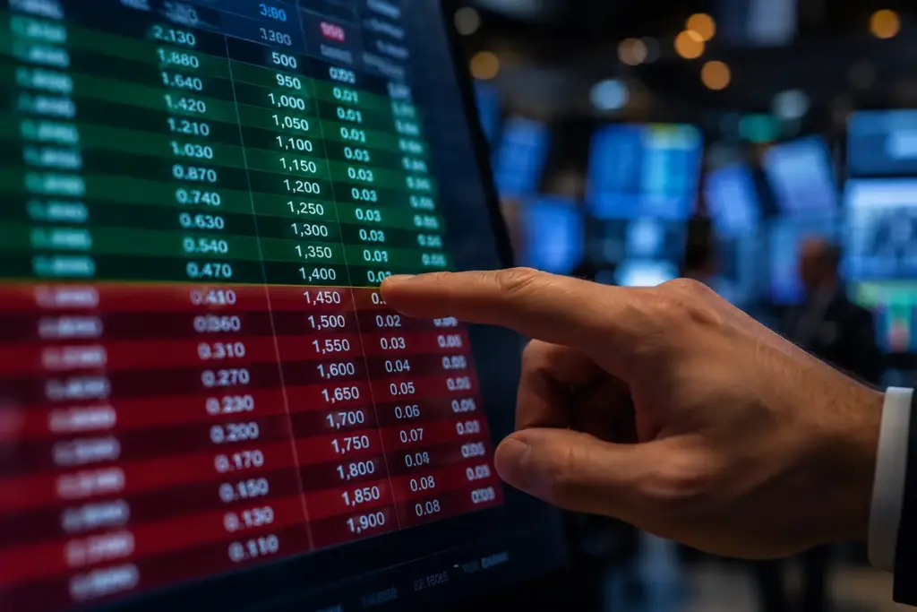 Close-up of a trader pointing at a digital options strike price ladder displaying in-the-money and out-of-the-money option strike prices on a professional trading screen.