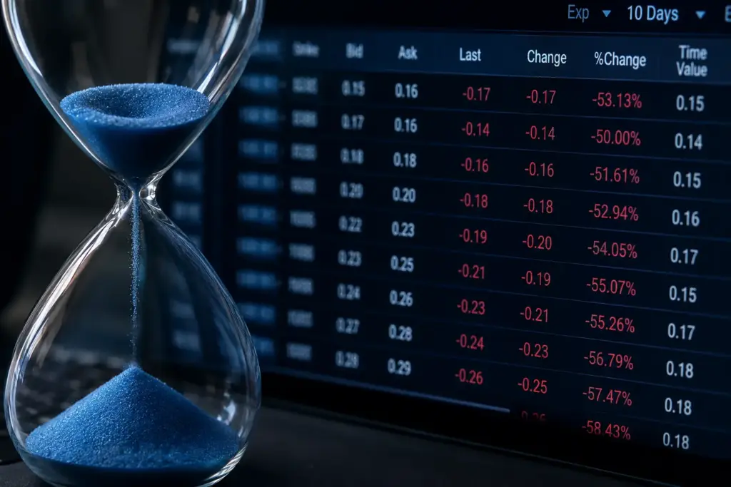 Close-up of an hourglass beside a stock market trading screen showing declining options premium values, symbolizing options time decay (Theta) before expiration.