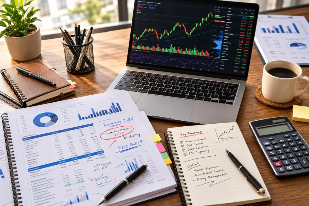 Top-down view of a professional financial analyst's desk featuring a laptop with stock candlestick charts, annotated company balance sheet, calculator, coffee cup, and financial documents in a modern workspace.