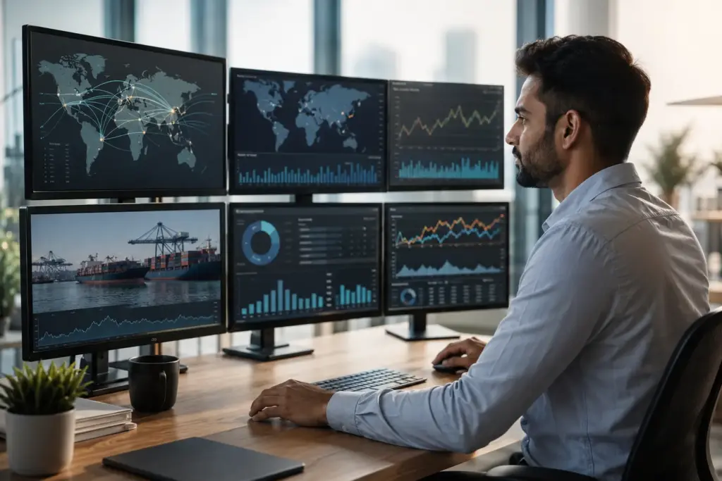 Professional financial analyst analyzing global supply chain data, trade routes, and financial charts on multiple monitors in a modern office environment.