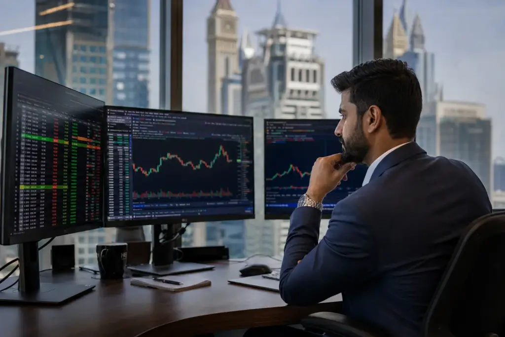 Professional options trader analyzing options chains and candlestick charts on multiple monitors in a modern Dubai office overlooking the DIFC skyline.