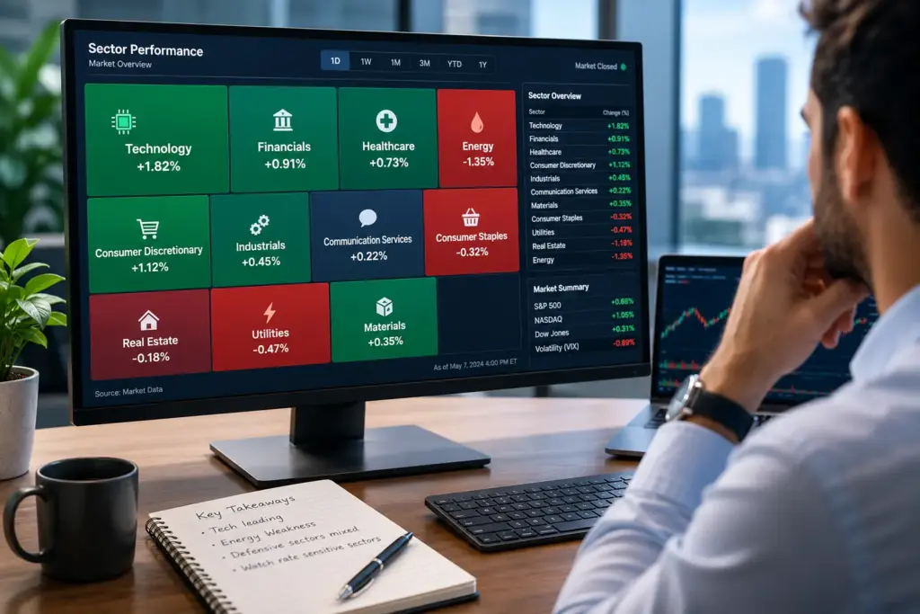 Sector Classification System displayed as a colour-coded stock market heatmap on a financial analyst's monitor in a modern trading office.