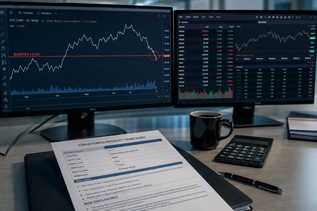 Close-up of a financial analyst's desk with dual monitors displaying a stock price chart breaching a red barrier level, alongside a structured product term sheet, calculator, coffee cup, and office stationery in a modern corporate finance workspace.