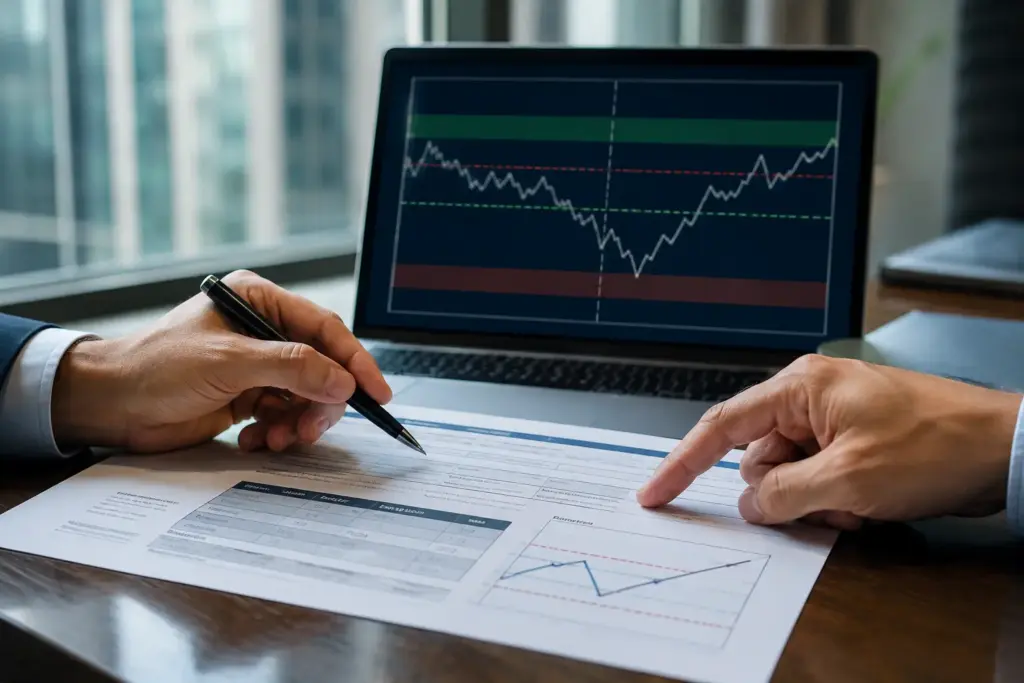 Financial advisor pointing to a structured product term sheet while a laptop displays a barrier payoff diagram in a professional office setting.