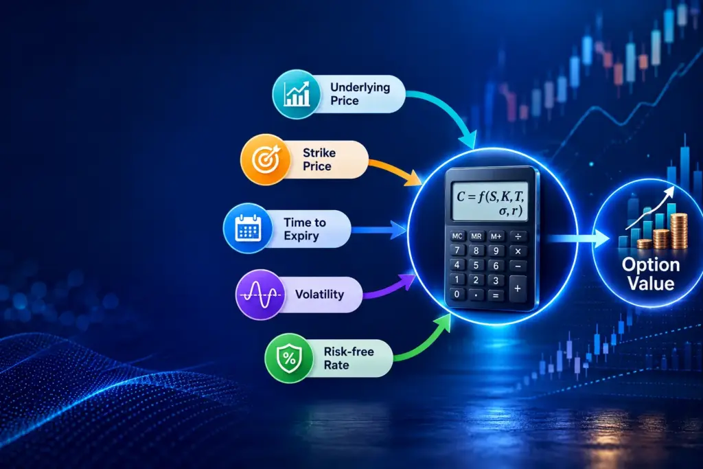 • Infographic showing the five inputs of the Black-Scholes option pricing model