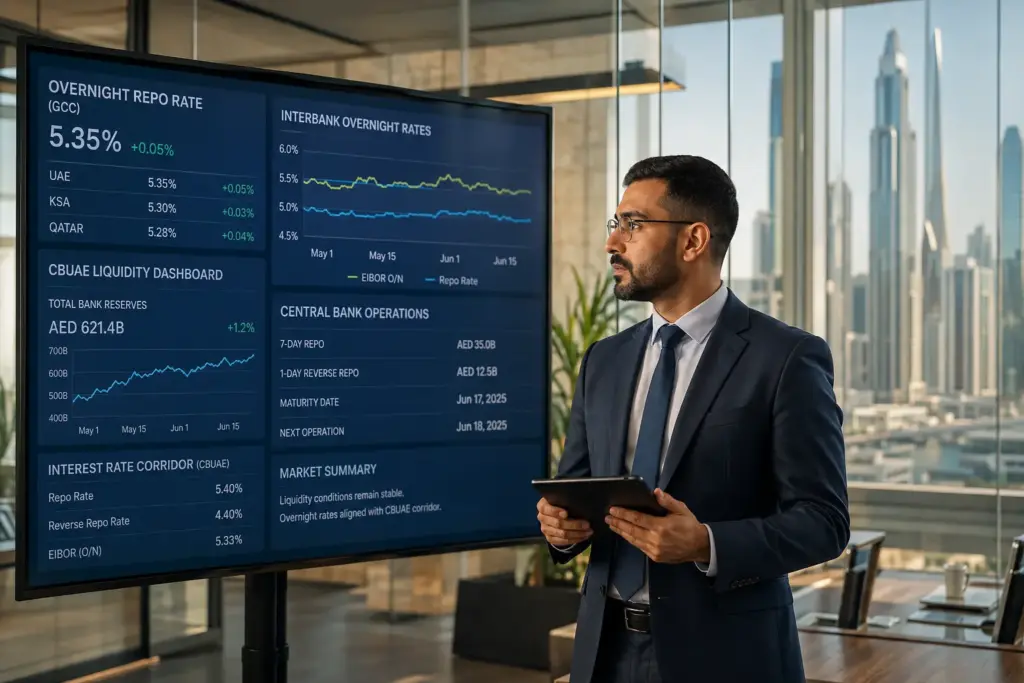 Financial analyst reviewing central bank repo operations data on a trading dashboard in Dubai.