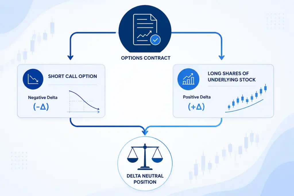 Infographic showing how a short call option position is delta hedged with long shares to reach delta neutrality