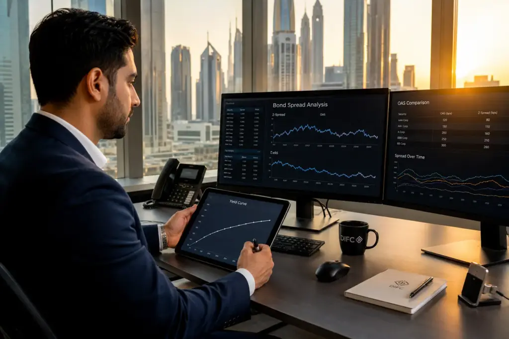 Fixed income analyst reviewing bond spread and yield data in a Dubai DIFC office