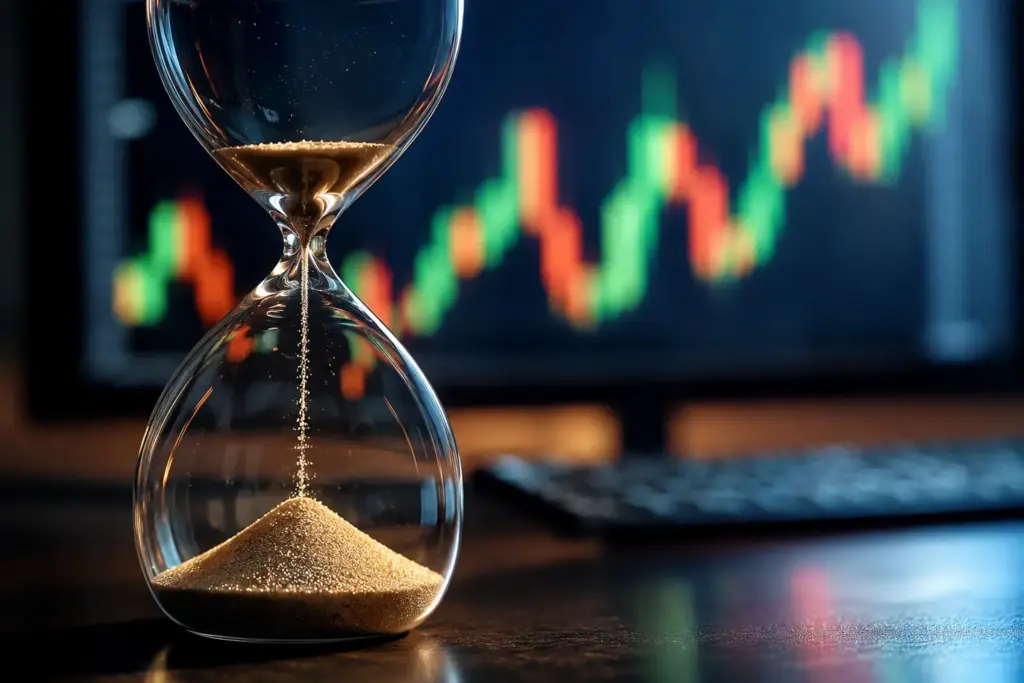 An hourglass with sand flowing, set against a blurred stock chart in the background, representing time decay in options