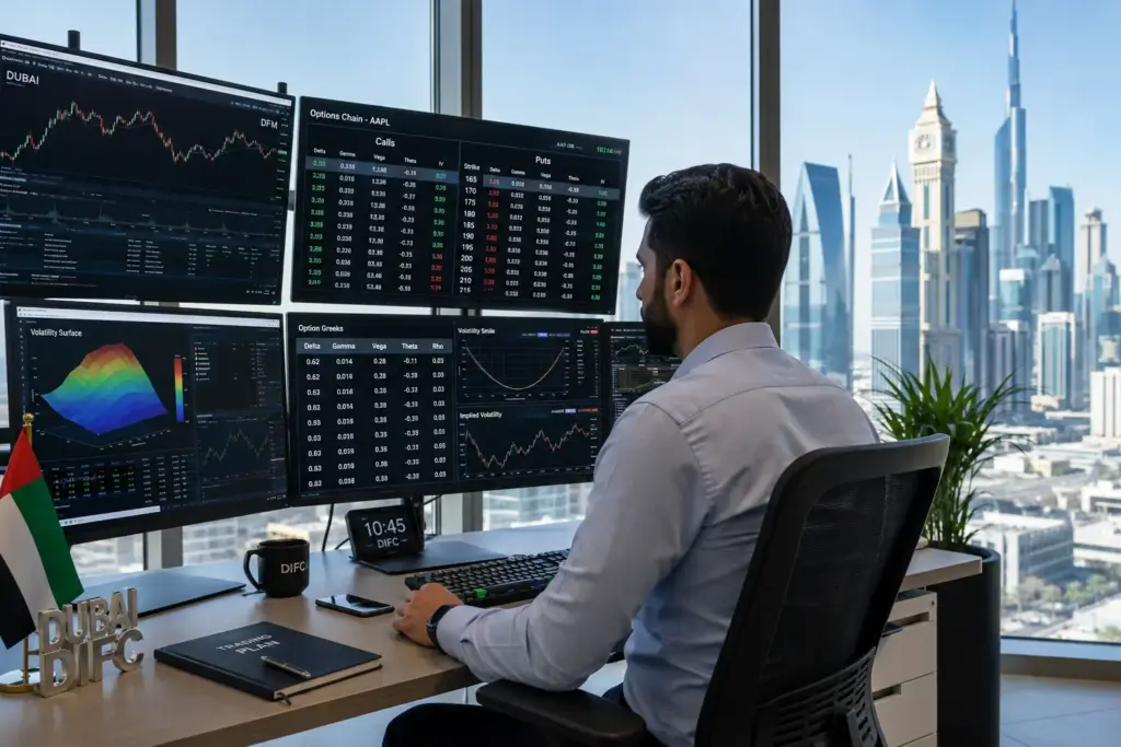 Institutional options trader monitoring Greeks and volatility data at a Dubai trading desk