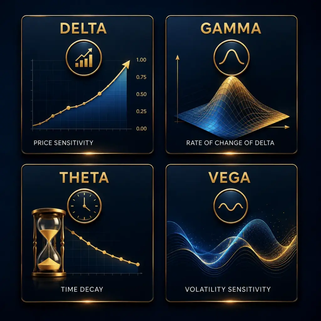 Ultra-realistic financial infographic illustrating the four option Greeks—Delta, Gamma, Theta, and Vega—with visual representations of price sensitivity, rate of change, time decay, and volatility in a professional navy and gold design.