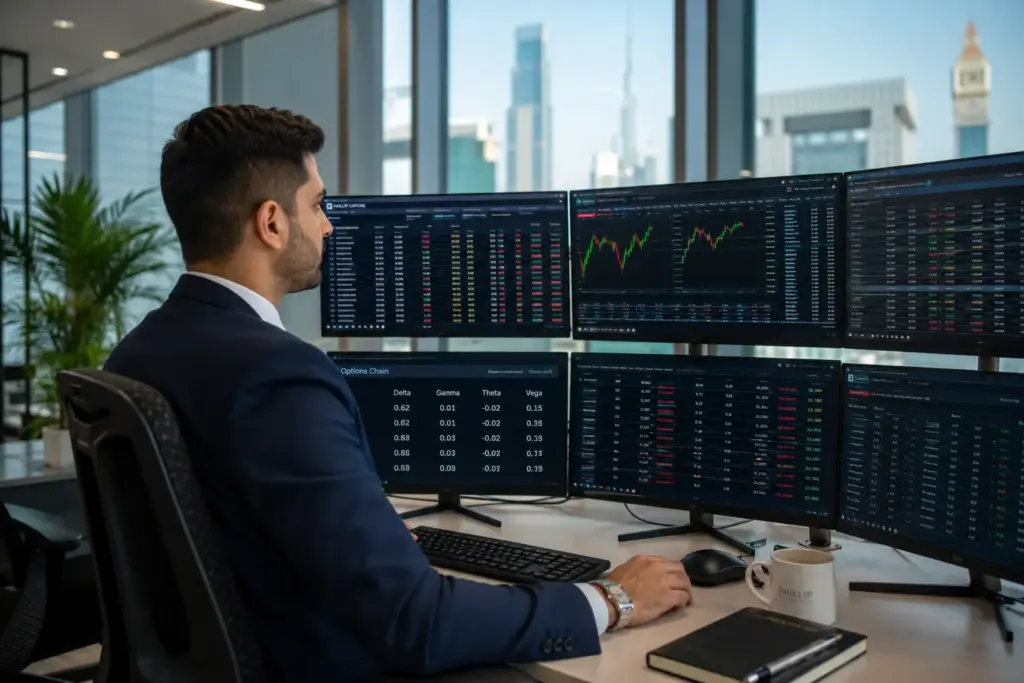 Financial analyst reviewing options Greeks data on a trading desk in Dubai