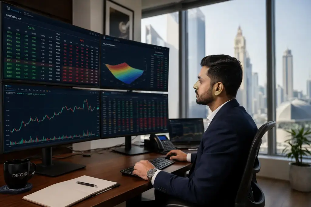 options trader analyzing volatility dubai difc