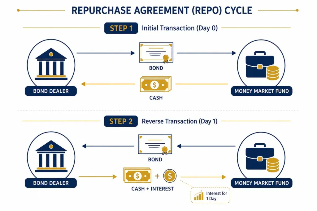 Infographic showing how a repurchase agreement transaction moves between cash and collateral