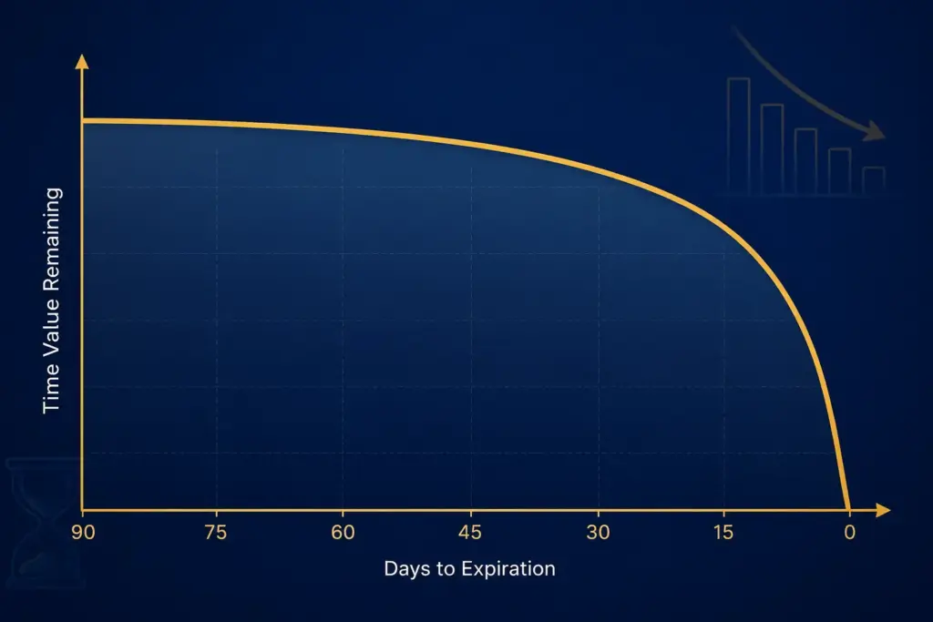 Infographic showing how Theta decay accelerates as an option nears expiration