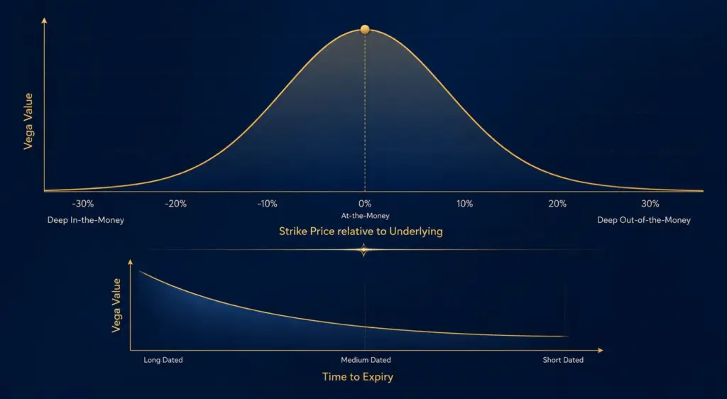 Infographic showing how Vega peaks for at-the-money options and declines for options further from the strike pric